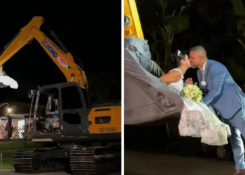 Noiva viraliza ao chegar em cerimônia dentro de concha de escavadeira; vídeo