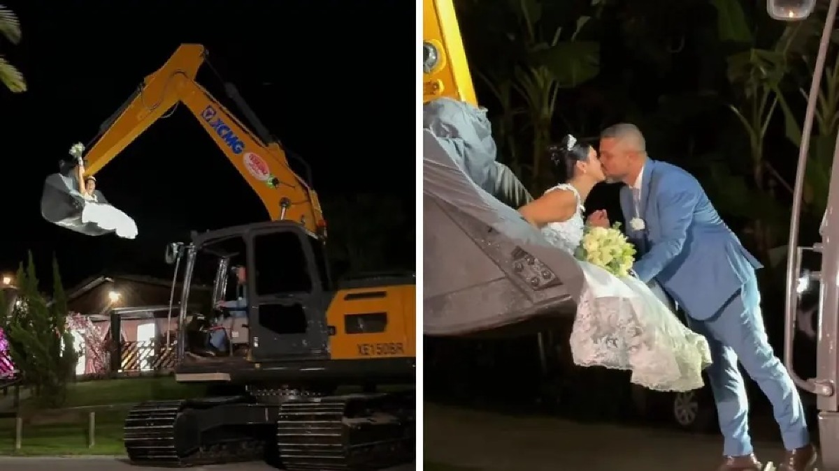 Noiva viraliza ao chegar em cerimônia dentro de concha de escavadeira; vídeo