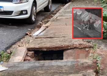 Tampa de bueiro cede e jovem despenca em buraco em Cuiabá